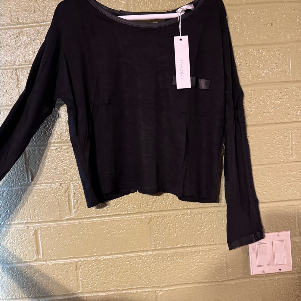 Black Crop Blouse Relaxed Fit Rounded Neckline